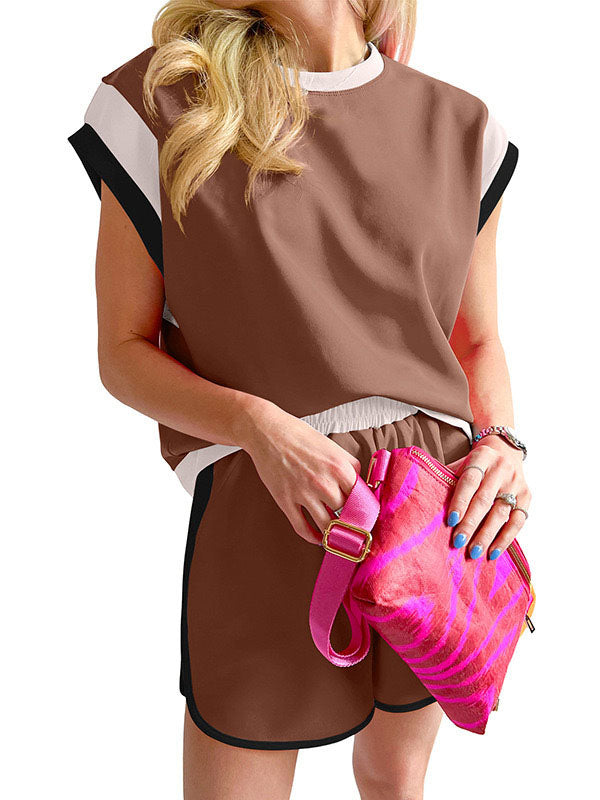 Contrast Color Short Sleeves Round-Neck T-Shirt + Elasticity Shorts Two Pieces Set