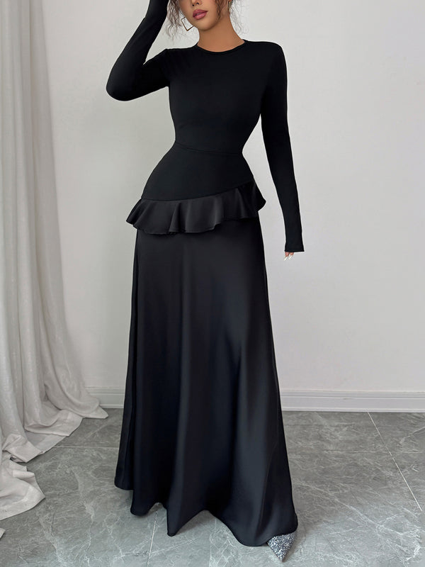 A-Line High Waisted Ruffle Trim Solid Color Split-Joint Round-Neck Maxi Dresses