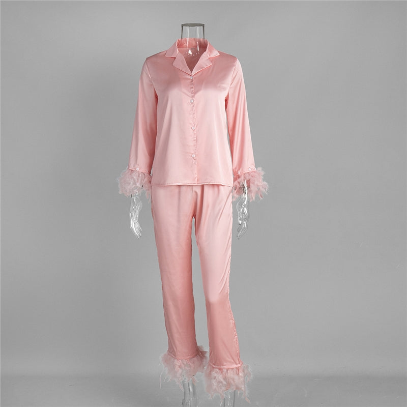 Women Fashion Solid Color Ice Silk Feather Lapel Long Sleeve Top Loose Pants Pajamas Set
