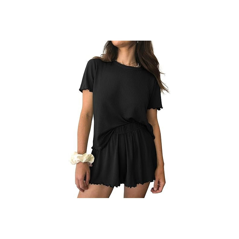 Women Casual Solid Color Rib Knitted Wave Edge Short Sleeve Top Loose Shorts Pajamas Two-Piece Set