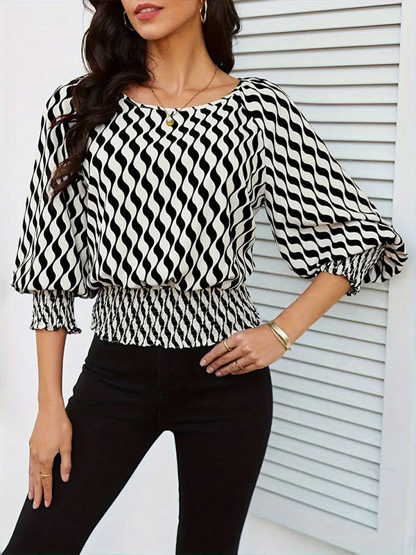 Loose Puff Sleeves Elasticity Printed Split-Joint Round-Neck Blouses&Shirts Tops