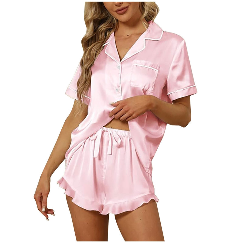 Women Fashion Casual Silk Satin Short-Sleeved V-Neck Top Ruffled Shorts Pajamas Two-Piece Set