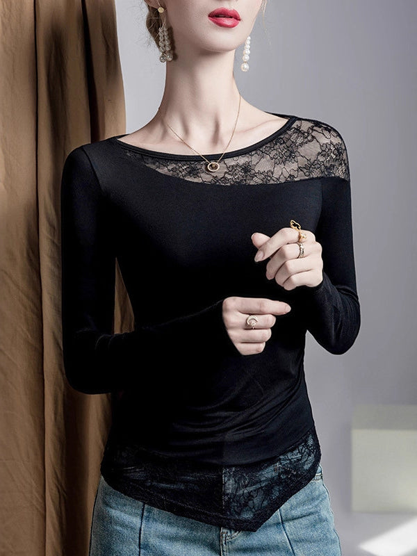 False Two Long Sleeves Asymmetric Embroidered Mesh See-Through Split-Joint Round-Neck T-Shirts