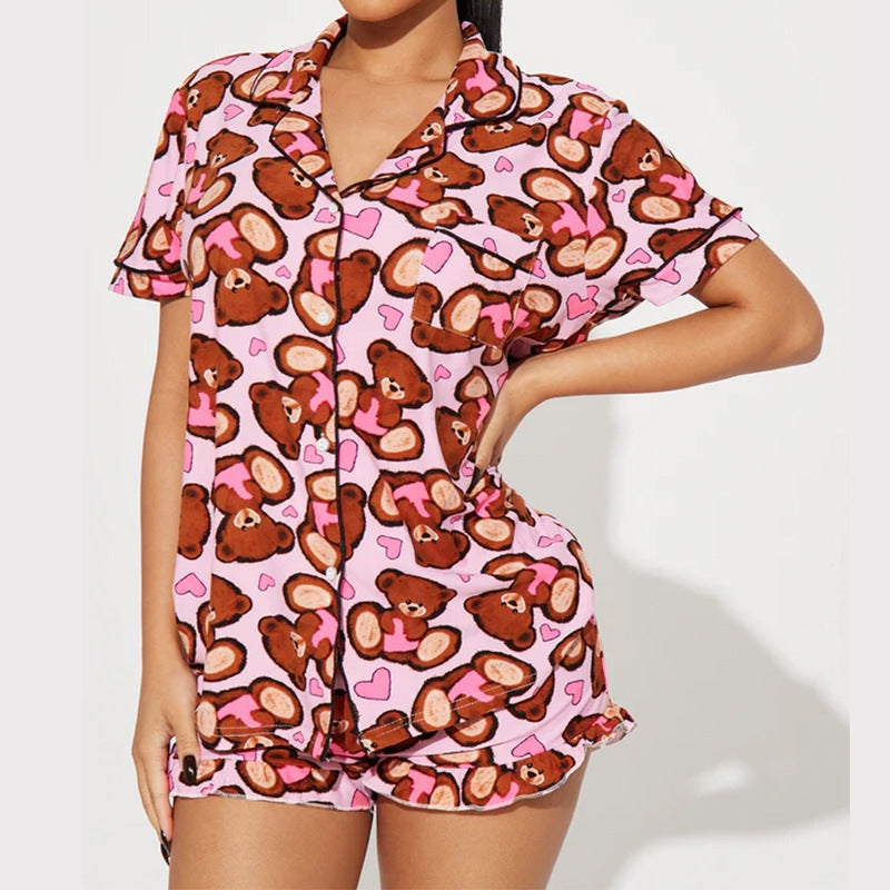 Women Fashion Casual Love Printed Laple Short-Sleeve Top Loose Short Pajamas Two-Piece Set