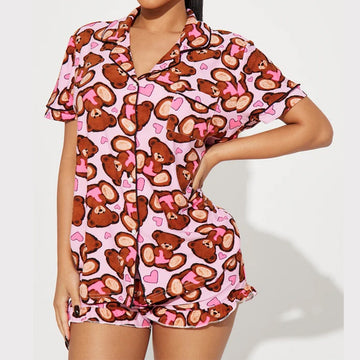 Women Fashion Casual Love Printed Laple Short-Sleeve Top Loose Short Pajamas Two-Piece Set