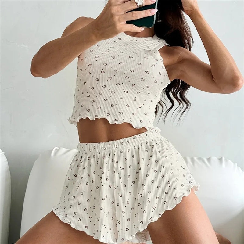 Women Fashion Sexy Printed Edge Curl Tank Top Loose Shorts Pajamas Two-Piece Set