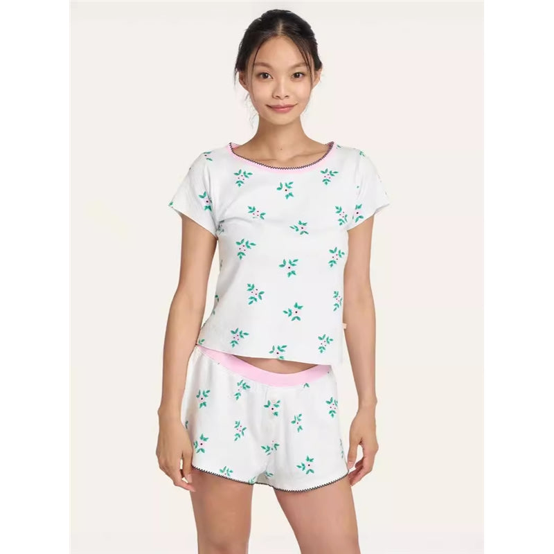 Women Fashion Casual Printed T-Shirt Loose Shorts Pajamas Two-Piece Set