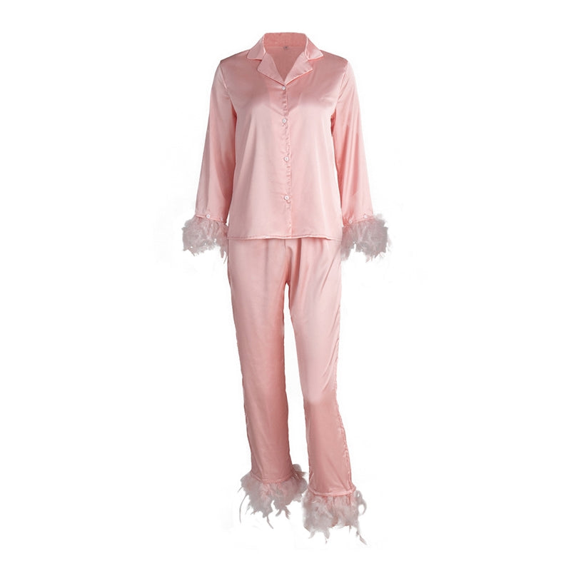 Women Fashion Solid Color Ice Silk Feather Lapel Long Sleeve Top Loose Pants Pajamas Set