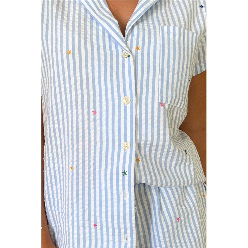 Women Fashion Casual Stripe Lapel Short-Sleeve Top Loose Shorts Pajamas Two-Piece Set