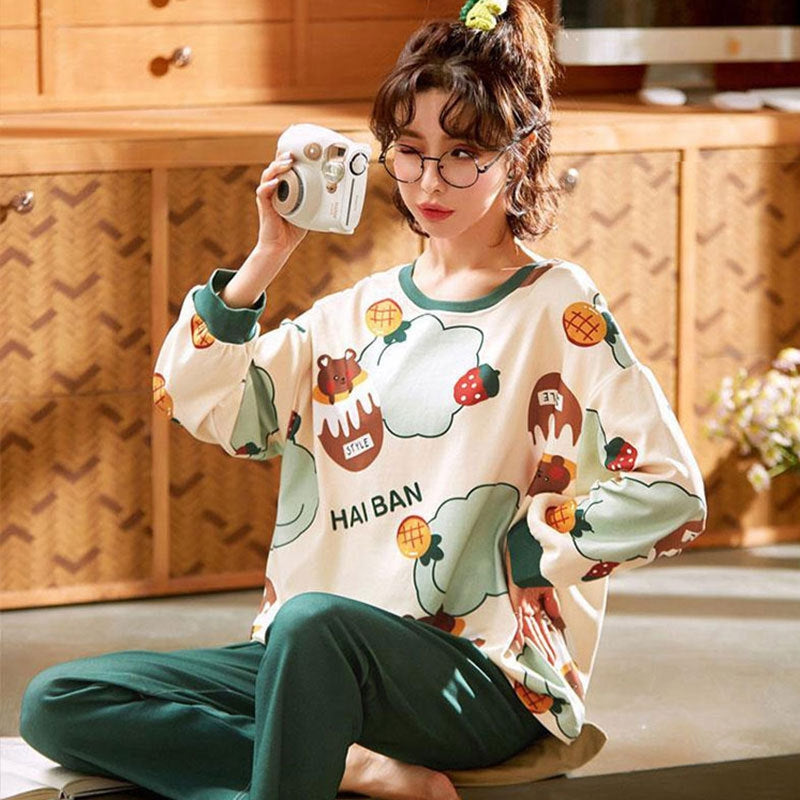 Women Fashion Casual Spring And Autumn Printed Round Neck Long Sleeve T-Shirt Loose Pants Pajamas Set