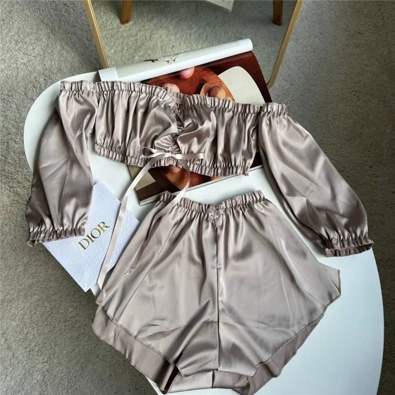 Women Fashion Sexy Off Shoulder Top Shorts Satin Pajamas Set