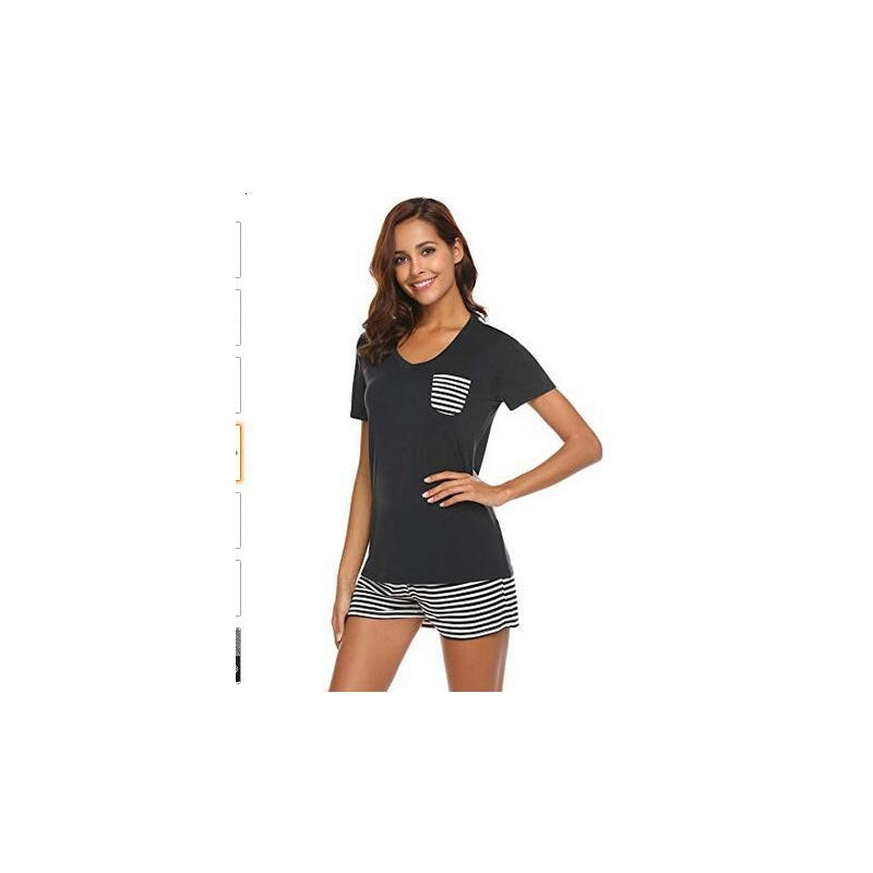 Women Casual Short-Sleeved Top And Stripe Shorts Pajamas Two-Piece Set