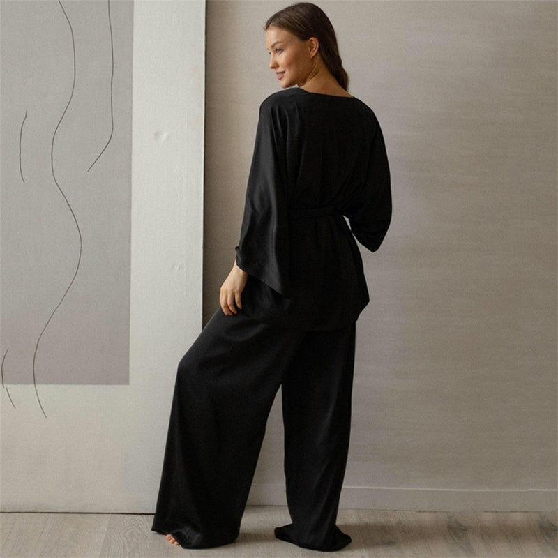 Women Fashion Autumn Solid Color Satin Long-Sleeve Lace-Up Coat Loose Pants Pajamas Two-Piece Set