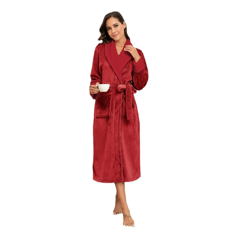 Autumn Winter Women V-Neck Flannel Lace-Up Long-Sleeved Nightgown