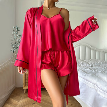 Women Fashion Sexy Ice Silk Camisole Loose Shorts Long-Sleeve Lace-Up Coat Pajamas Three-Piece Set