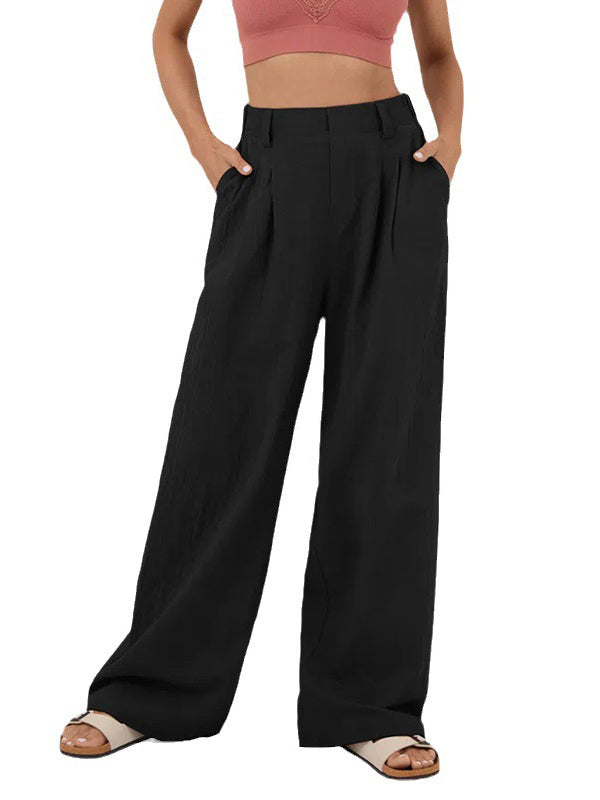 Loose Wide Leg Pleated Solid Color Split-Joint Pants Trousers