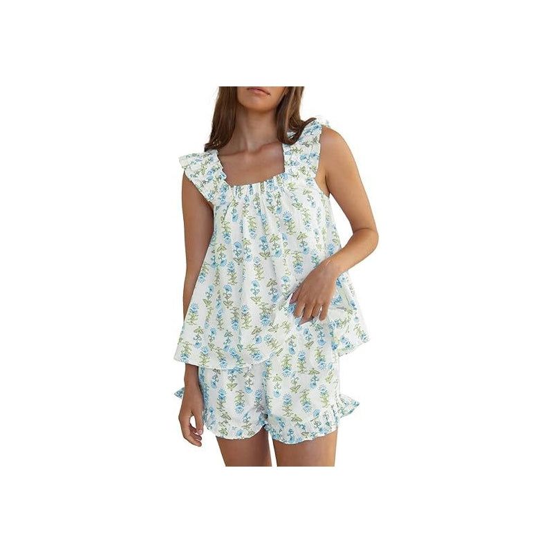 Women Fashion Casual Breathable Floral Printed Sleeveless Top Loose Shorts Pajamas Two-Piece Set
