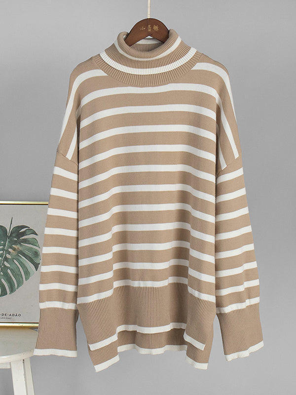 High-Low Long Sleeves Split-Joint Split-Side Striped High Neck Sweater Tops