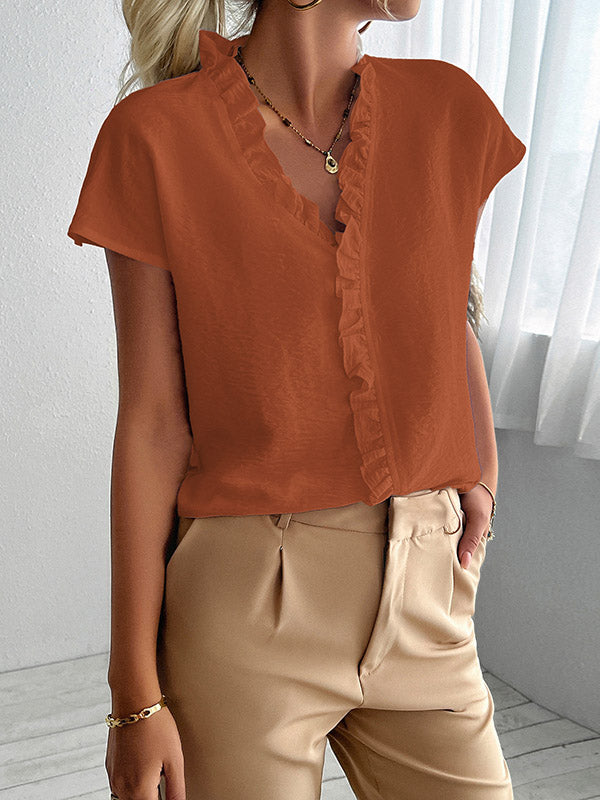 Loose Short Sleeves Ruffle Trim Solid Color V-Neck Blouses&Shirts Tops