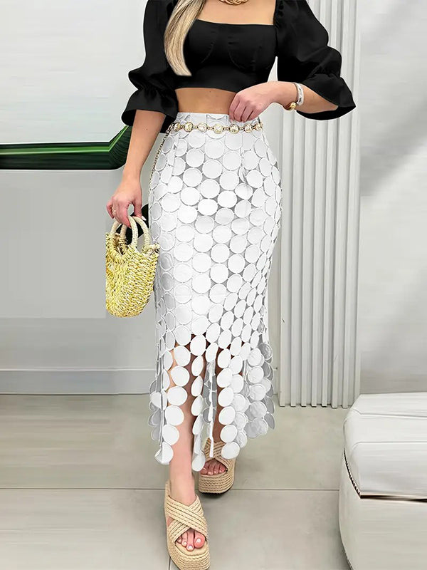 Bodycon High Waisted Solid Color Split-Joint Tasseled Skirts