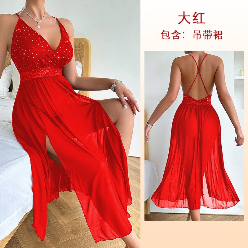 Women Fashion Sexy Deep V Backless Mesh Split Sleepwear