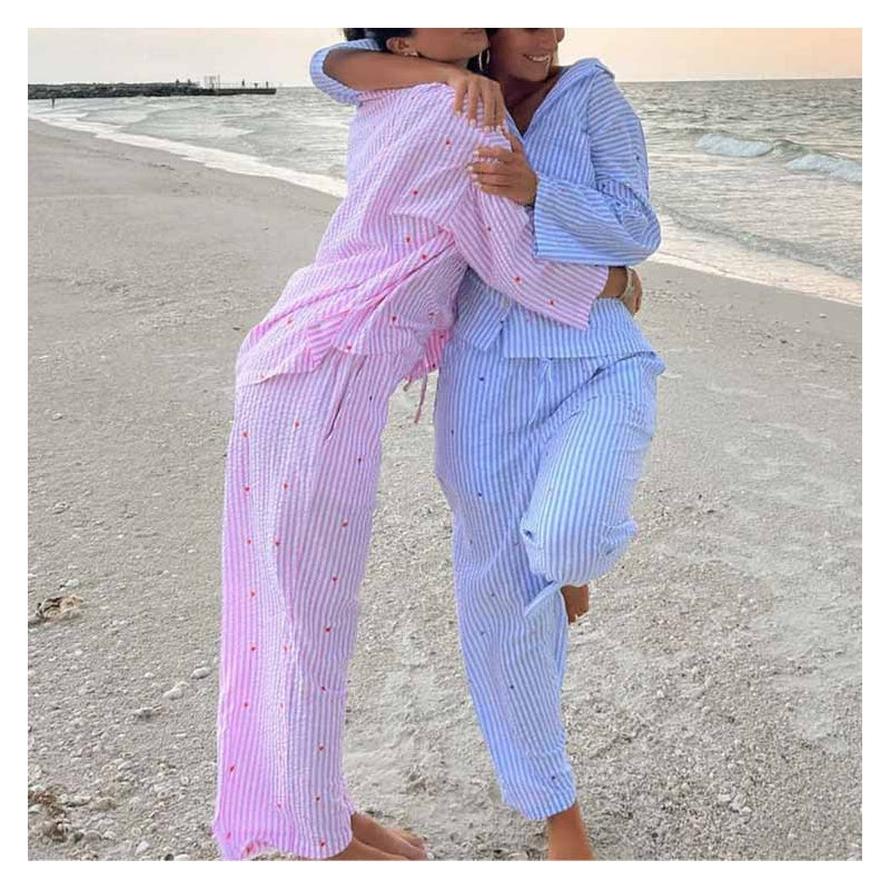 Women Fashion Casual Stripe Heart-Shaped Embroidered Long-Sleeved Top Loose Pants Pajamas Set