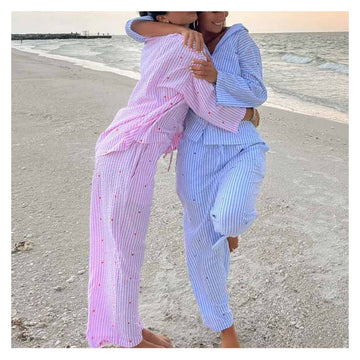 Women Fashion Casual Stripe Heart-Shaped Embroidered Long-Sleeved Top Loose Pants Pajamas Set