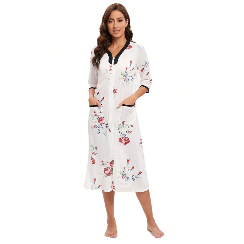 Women Fashion Floral Print Zip Pajamas