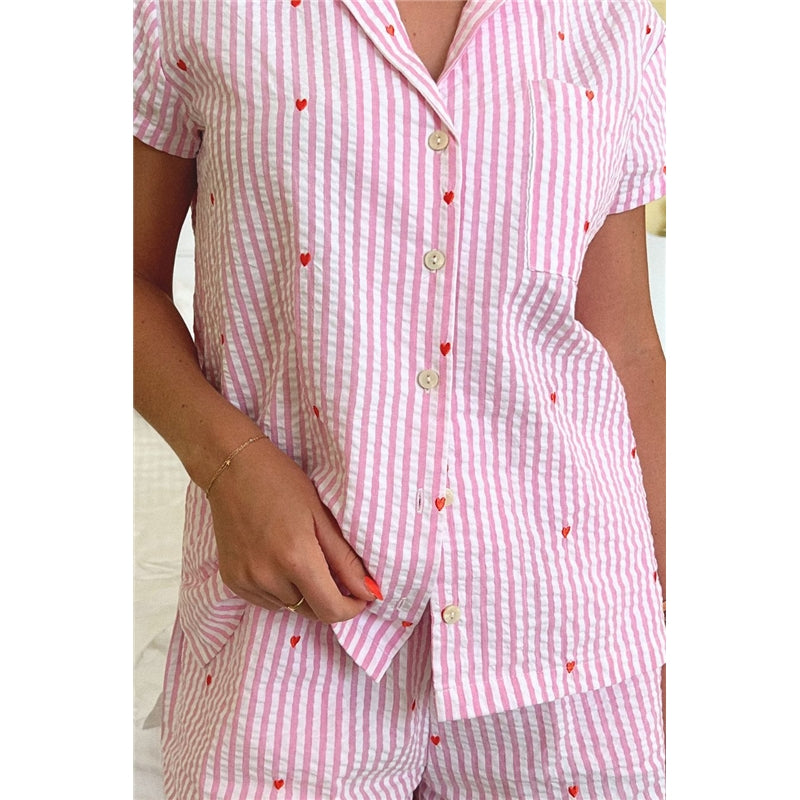 Women Fashion Casual Stripe Lapel Short-Sleeve Top Loose Shorts Pajamas Two-Piece Set