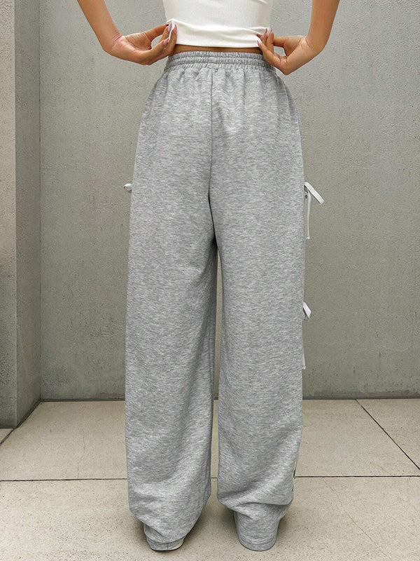 High Waisted Loose Drawstring Elasticity Solid Color Split-Joint Pants Trousers