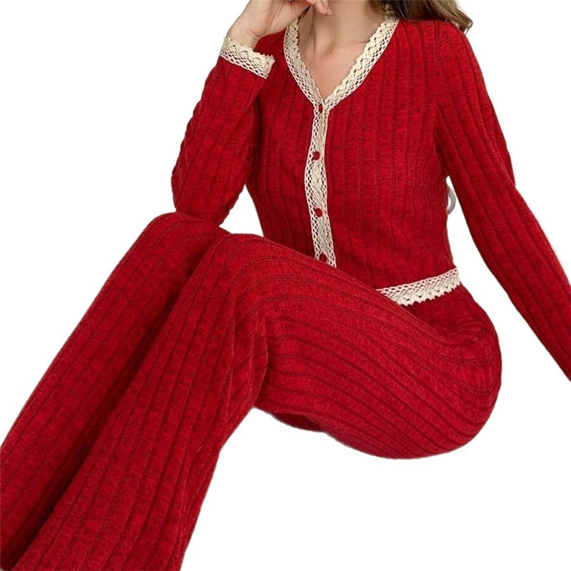 Women Fashion Autumn And Winter Lace Stitching V-Neck Long-Sleeve Top Loose Pants Pajamas Two-Piece Set