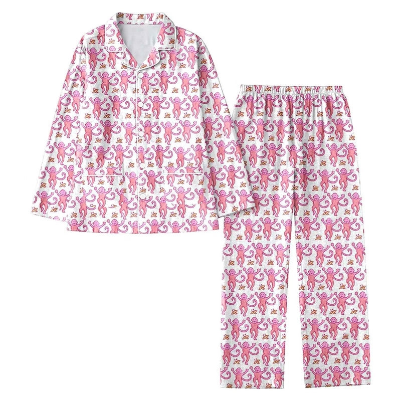 Women Casual Monkey Print Lapel Long-Sleeve Top Loose Pants Pajamas Two-Piece Set