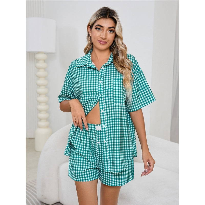 Women Fashion Casual Plaid Printed Lapel Short-Sleeve Blouse High Waist Loose Shorts Pajamas Two-Piece Set