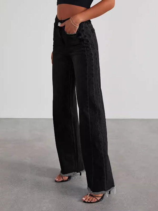 High Waisted Wide Leg Split-Joint Tasseled Jean Pants Bottoms