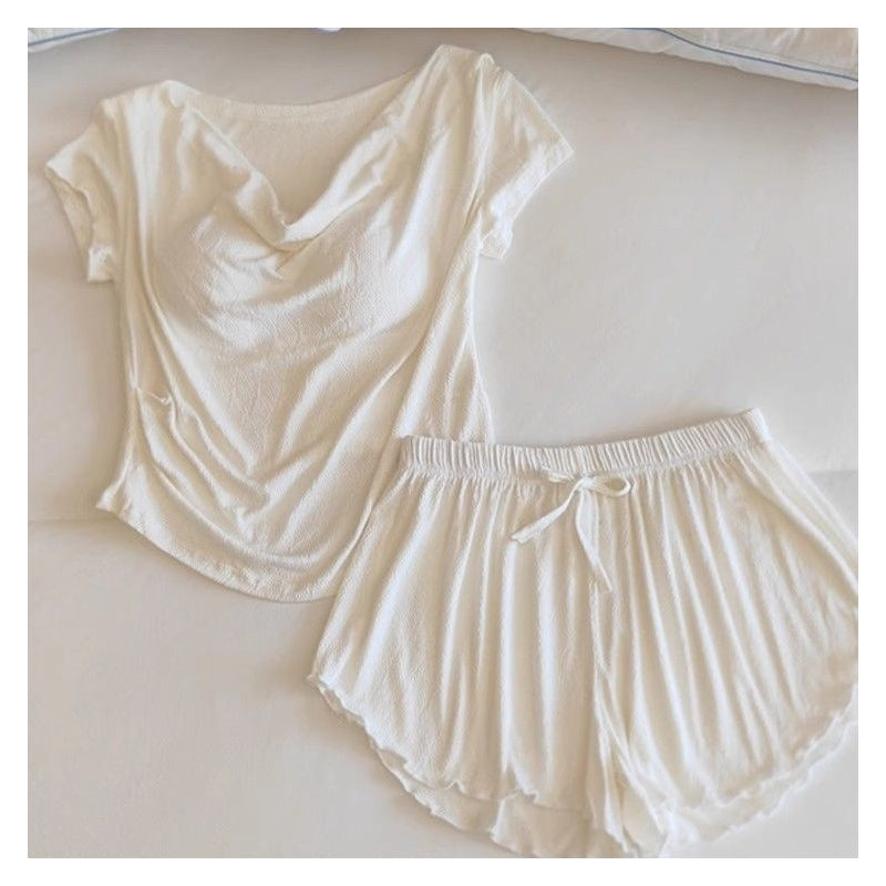 Women Fashion Casual Solid Color Cotton Short-Sleeved T-Shirt Loose Shorts Pajamas Two-Piece Set