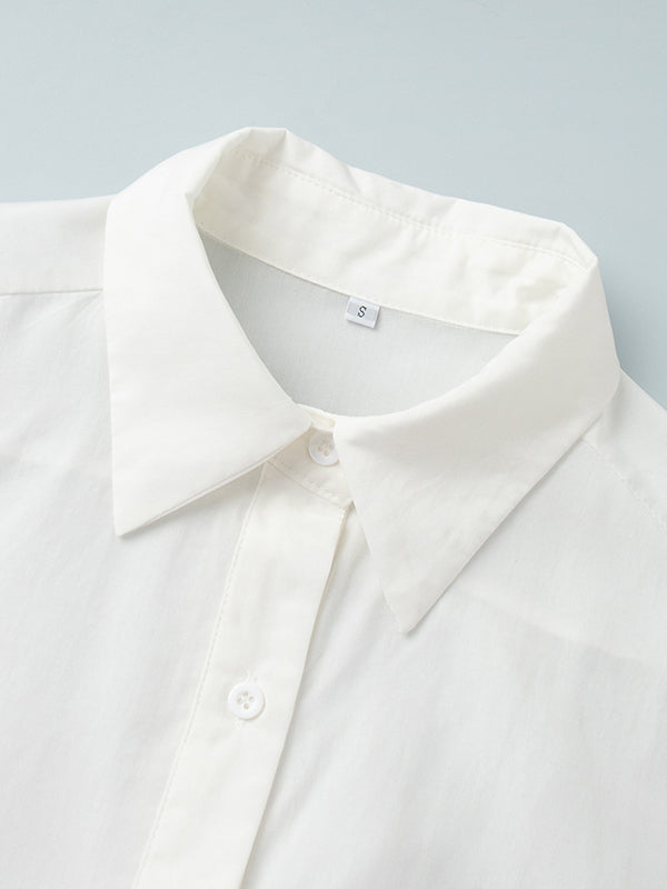 Loose Puff Sleeves Pleated Solid Color Split-Joint Lapel Blouses&Shirts Tops