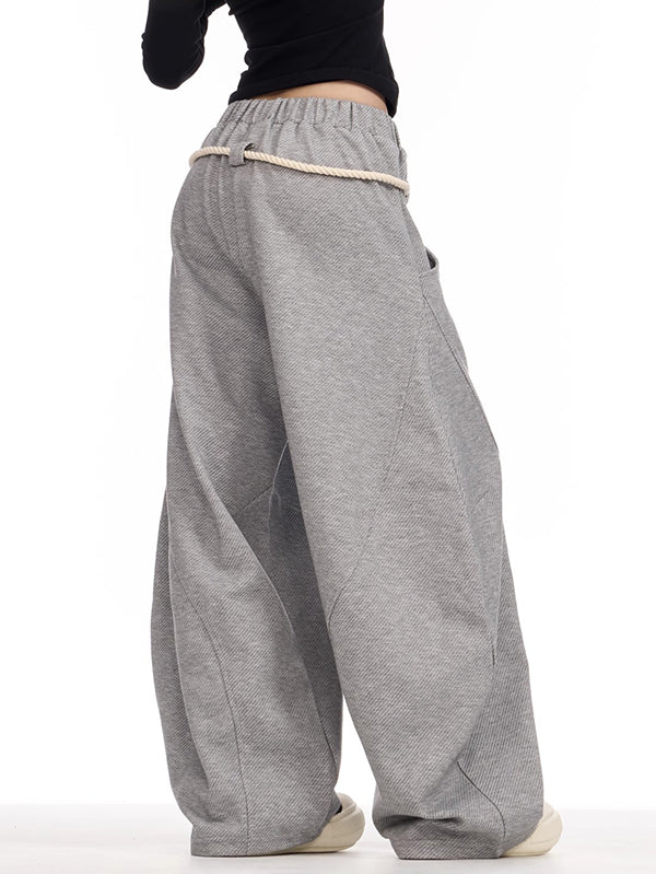 High Waisted Loose Drawstring Elasticity Pockets Solid Color Pants Trousers