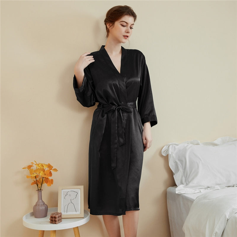 Women Fashion Solid Color Satin Long-Sleeve Lace-Up Loose Pajamas