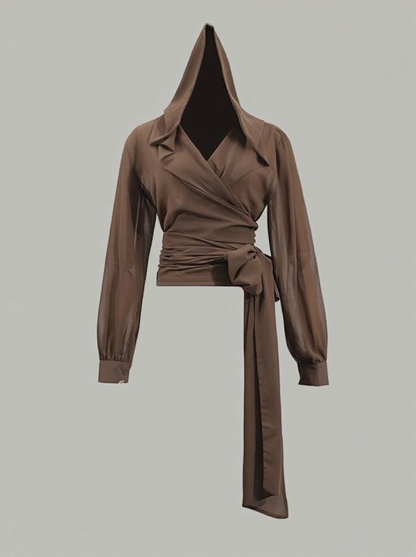 Long Sleeves Loose Pleated See-Through Solid Color Tied Waist Hooded Blouses&Shirts Tops