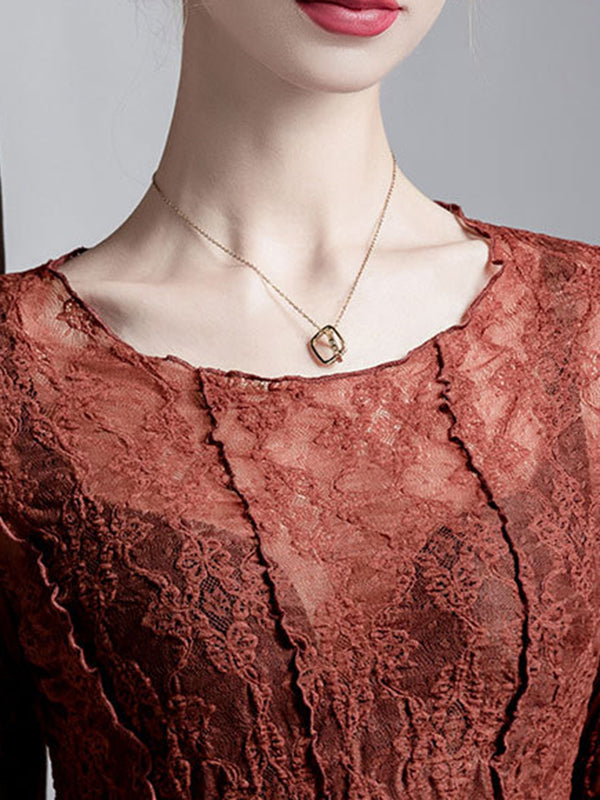 Irregularity Long Sleeves See-Through Split-Joint Textured Round-Neck T-Shirts Tops