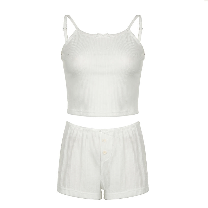 Women Fashion Sexy Solid Color Camisole Loose Shorts Pajamas Two-Piece Set