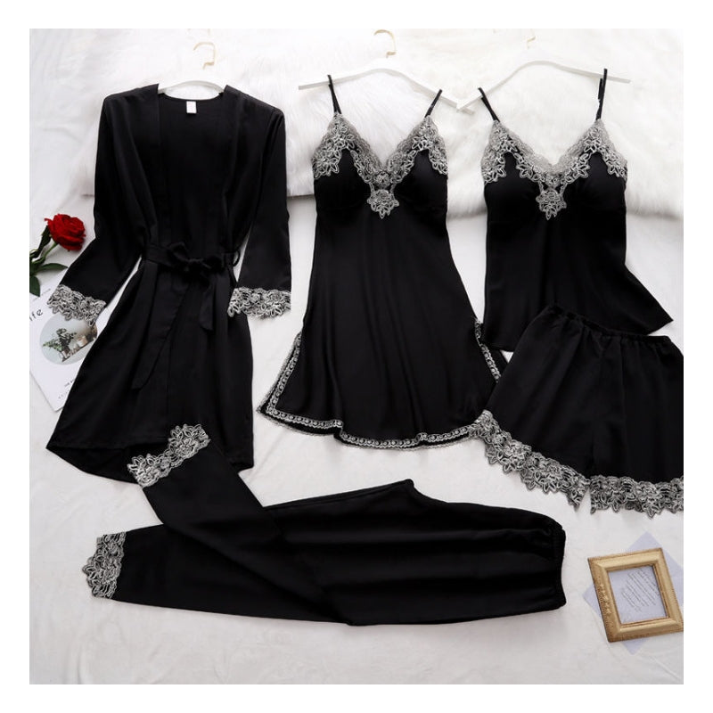 Women Elegant Edgy Color Blocking Casual Satin Sleeveless Camisole And Shorts Pajamas Five Pieces Set