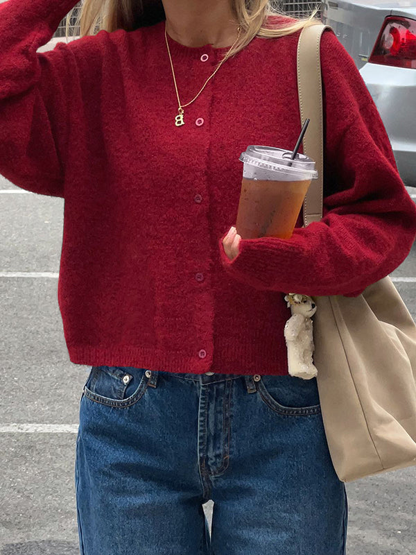 Long Sleeves Loose Buttoned Solid Color Round-Neck Cardigan Tops