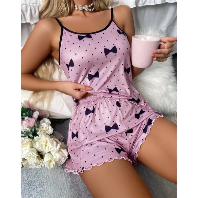Summer Women Fashion Sexy Dot Bow Printed Camisole Shorts Home Pajamas Two-Piece Set