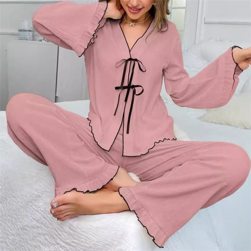 Women Fashion Casual Contrast Color V-Neck Long-Sleeve Lace-Up Top Loose Pants Pajamas Two-Piece Set