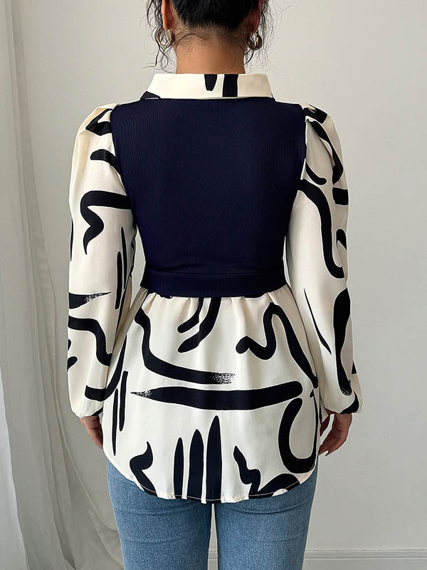 Long Sleeves Loose Buttoned Contrast Color Pleated Split-Joint Lapel Blouses&Shirts Tops