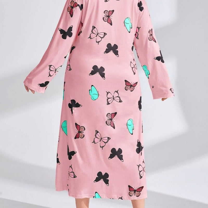 Women Fashion Casual Butterfly Printing Long Sleeve Plus Size Nightgown