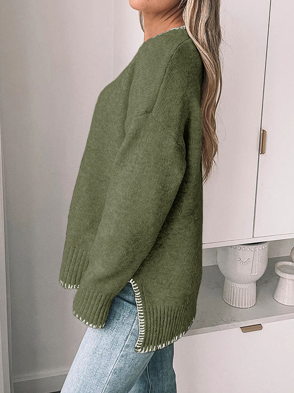 High-Low Long Sleeves Split-Joint Split-Side Round-Neck Pullovers Sweater Tops