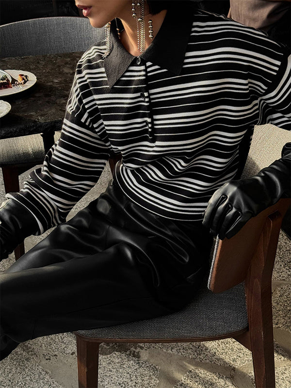 Long Sleeves Split-Joint Striped Lapel Sweater Tops