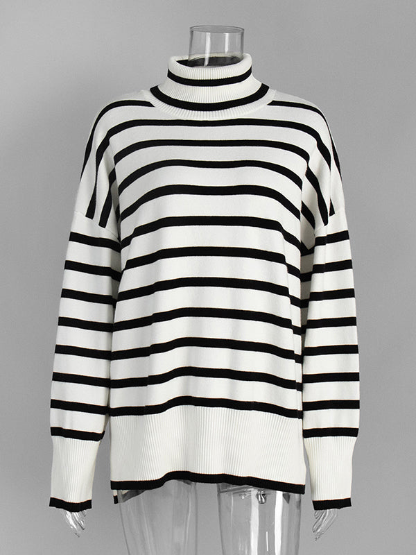 High-Low Long Sleeves Split-Joint Split-Side Striped High Neck Sweater Tops
